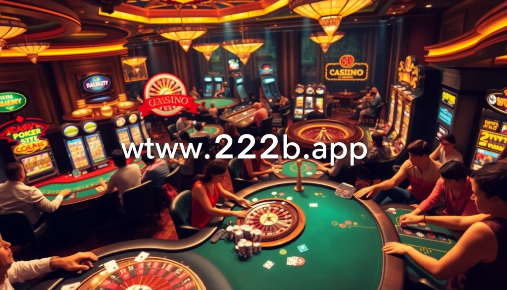 Experience the thrill of casino gaming with https://www.222bd.app/ showcasing vibrant poker games with colorful chips and cards.