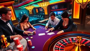 Go99 gaming enthusiasts celebrating wins at a vibrant blackjack table surrounded by colorful casino elements.