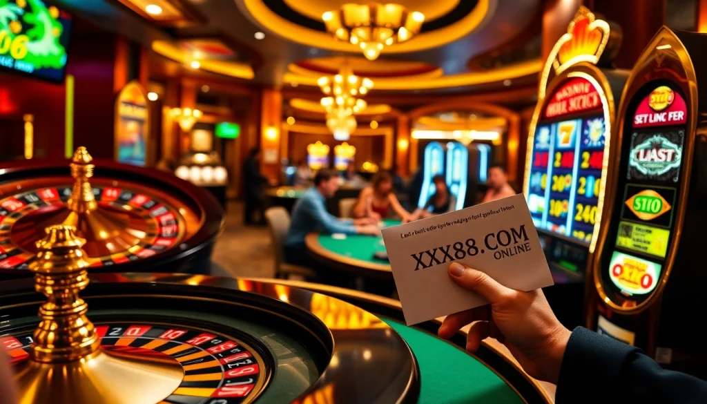 Experience thrilling moments at XX88 COM with players around lively casino tables and slot machines.